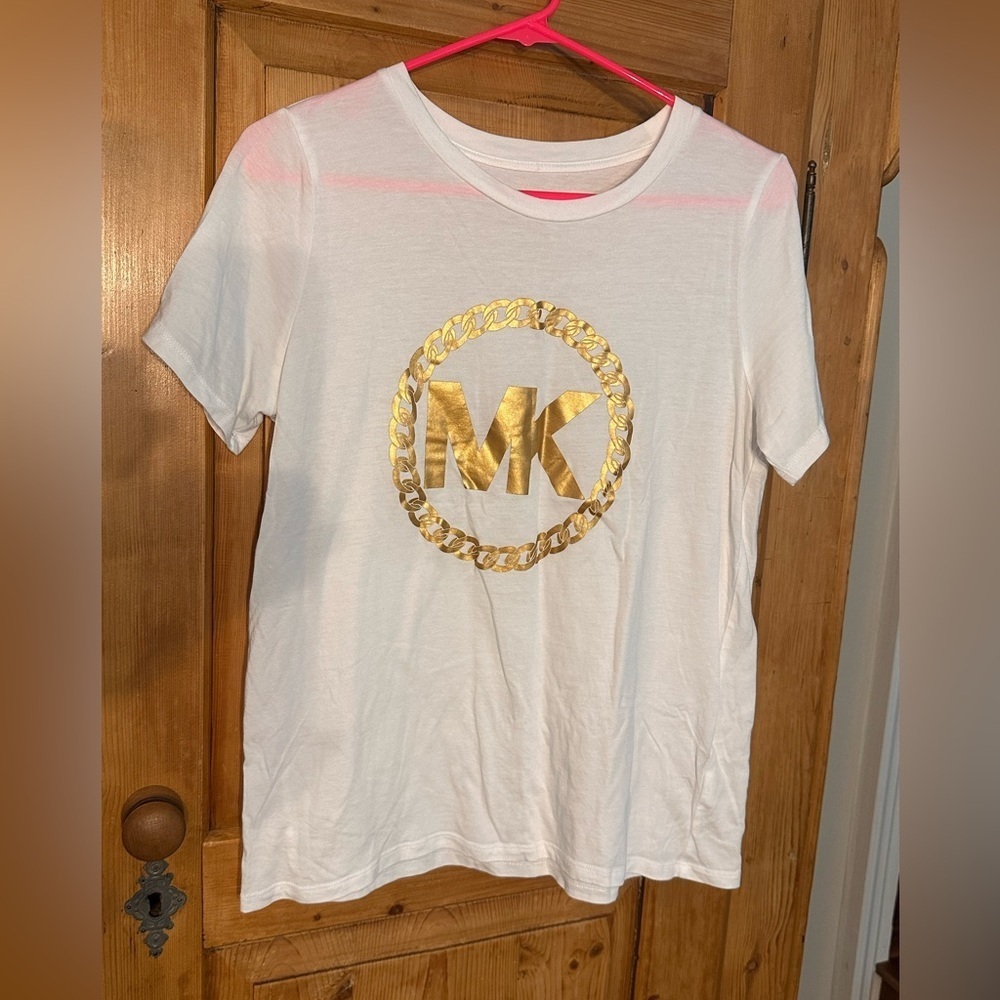 Michael by Michael Kors White Tee w/Gold Logo Sz Med New Without Tags Luxury
